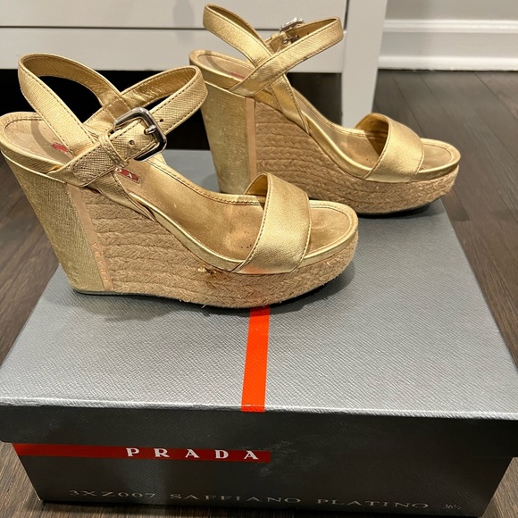 Prada Gold Ankle Strap Espadrille, size 36.5, Original box & shoe bag. - Picture 4 of 6